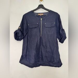 NWOT Women’s Ellen Tracy Roll Tab Shirt Sleeve 100% Linen Tunic 1/4 Zip Top S